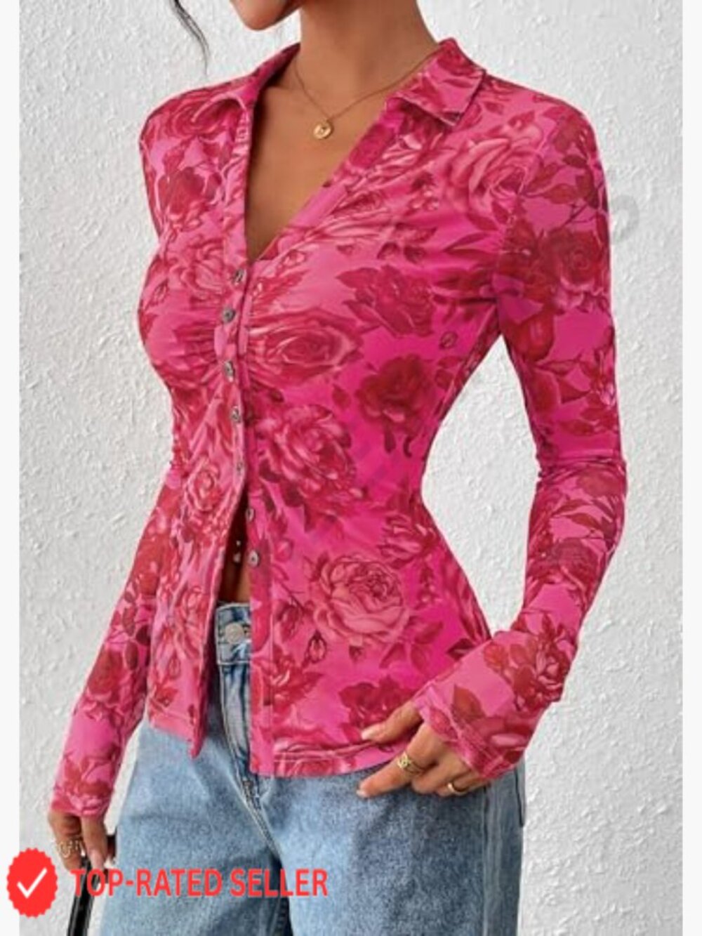 Floral Button Down Blouse V Neck Long Sleeve Sheer Mesh Boho Top Date Night - Picture 6 of 7
